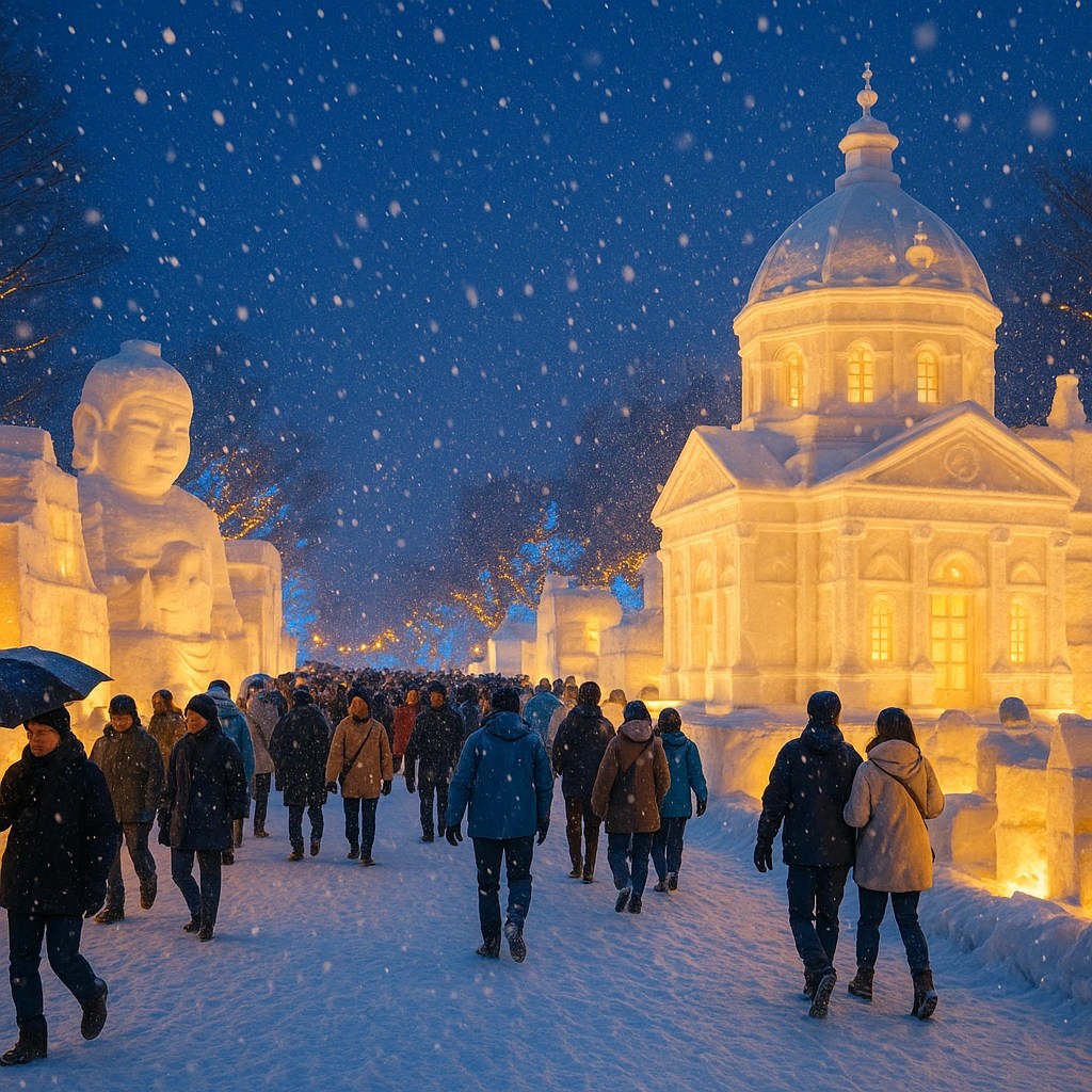 Snow festival japan with ice sculptures and night lights