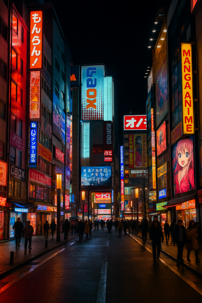 Anime-themed neon streets in Tokyo at night representing Japanese pop culture and city atmosphere