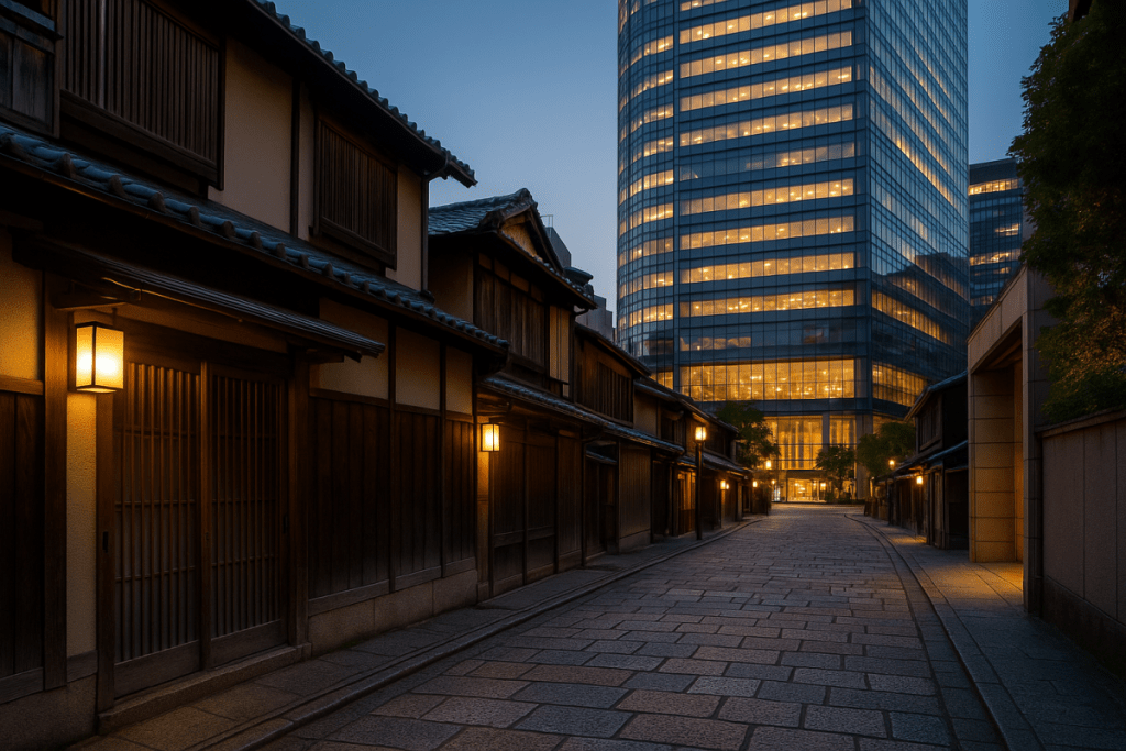 Traditional wooden street and modern skyscraper showing the contrast of traditional and modern Japan