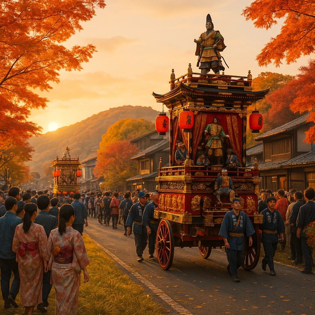 Autumn float festival japan with dramatic pulls and foliage