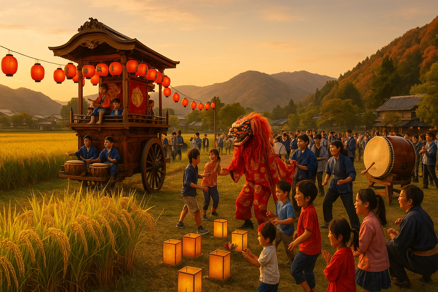 Harvest festival japan with mikoshi and shrine processions