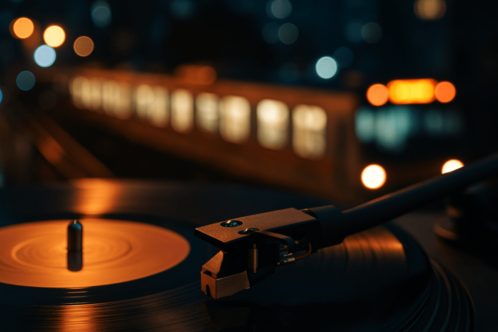 DJ turntable playing vinyl at night with city lights, representing Japanese city pop and urban music culture