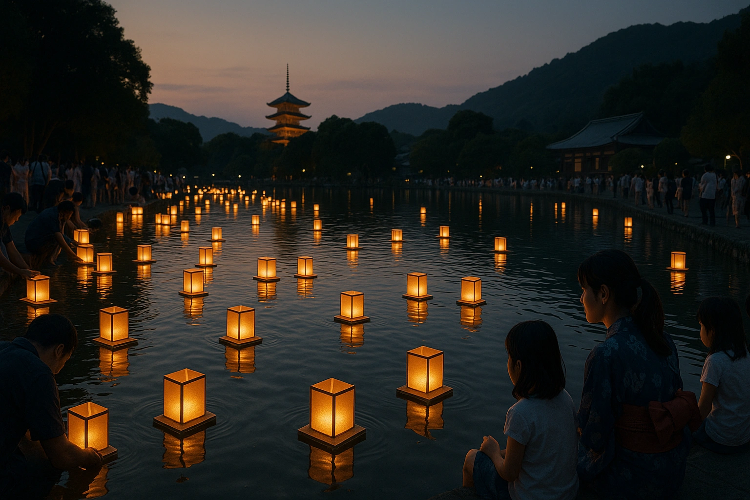 Obon bon odori circle with lanterns
