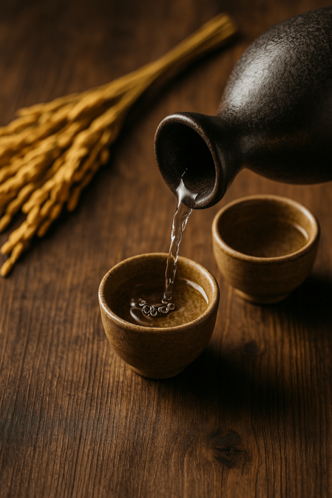 Sake served in traditional Japanese cups with rice grains and ceramic flask on wooden table