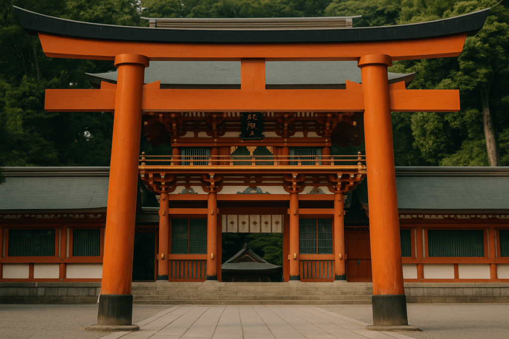 Shinto shrine entrance with red torii gate representing Japanese Shinto tradition