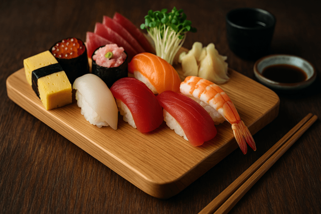 Japanese sushi and sashimi assortment on a wooden tray showing traditional Japanese food culture and fresh seafood presentation