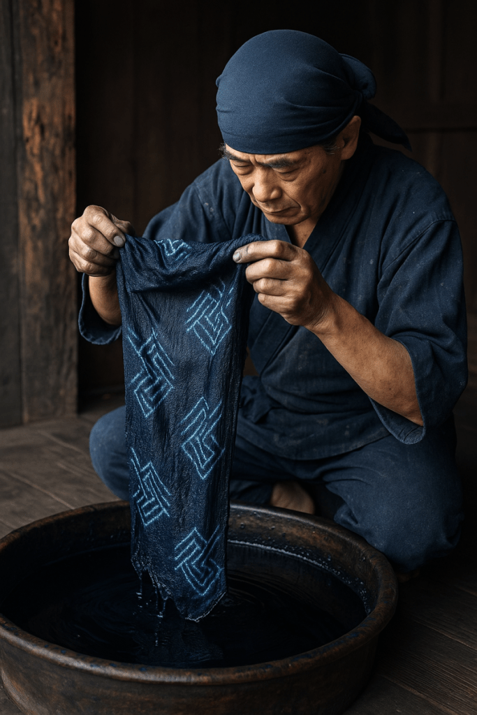 Traditional Crafts in Japan &ndash; an artisan dyeing indigo cloth