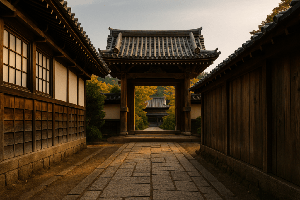 Traditional Japanese street and wooden buildings symbolizing harmony and wa in Japanese culture