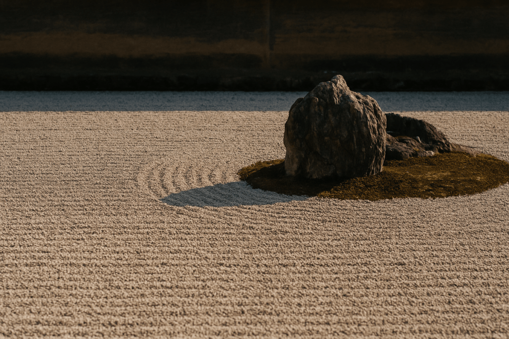 Zen rock garden with raked sand and stone representing Japanese Zen aesthetics