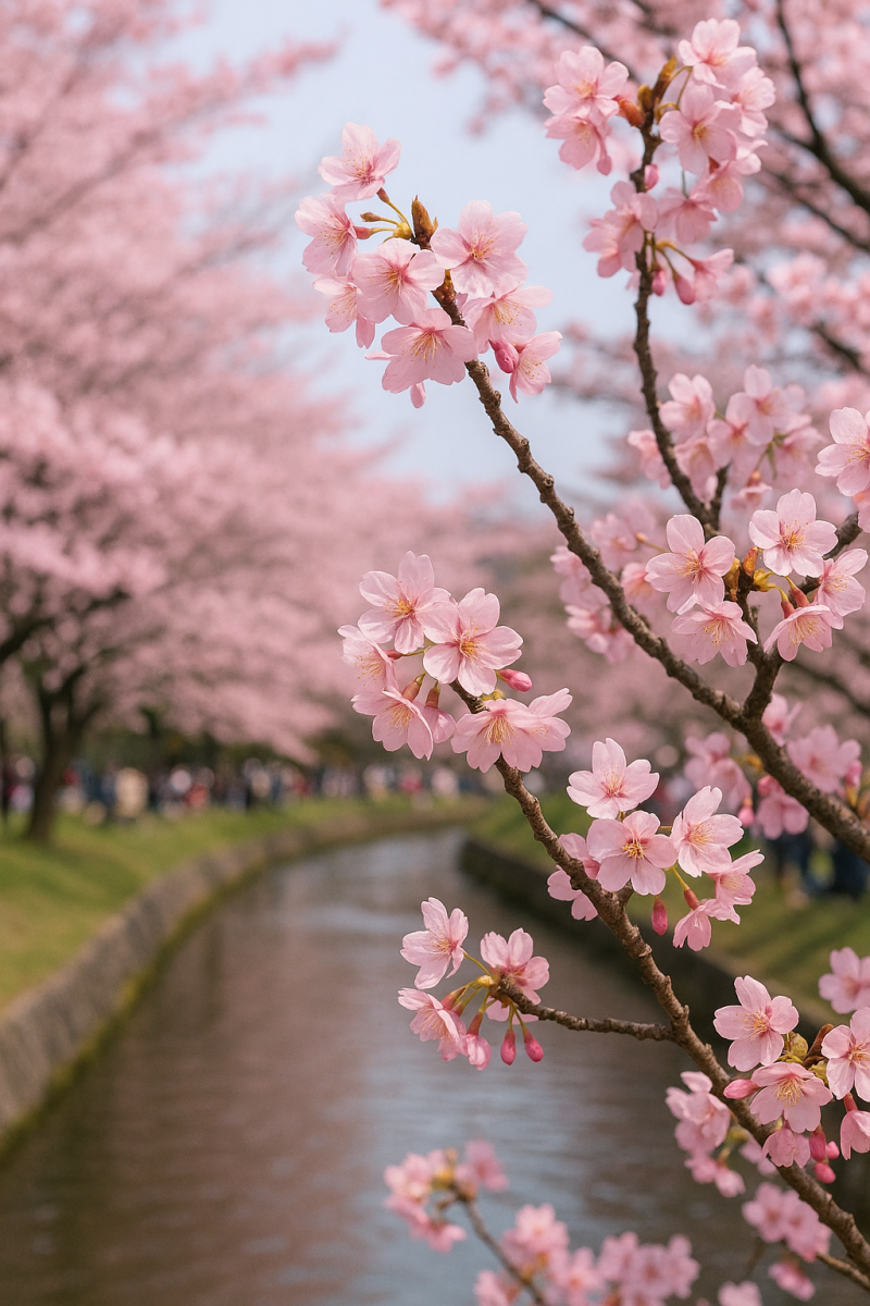 Cherry blossoms in full bloom along a river