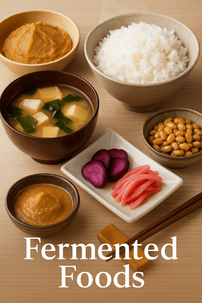 Japanese fermented foods including miso, natto, soy sauce and traditional ingredients in Japan