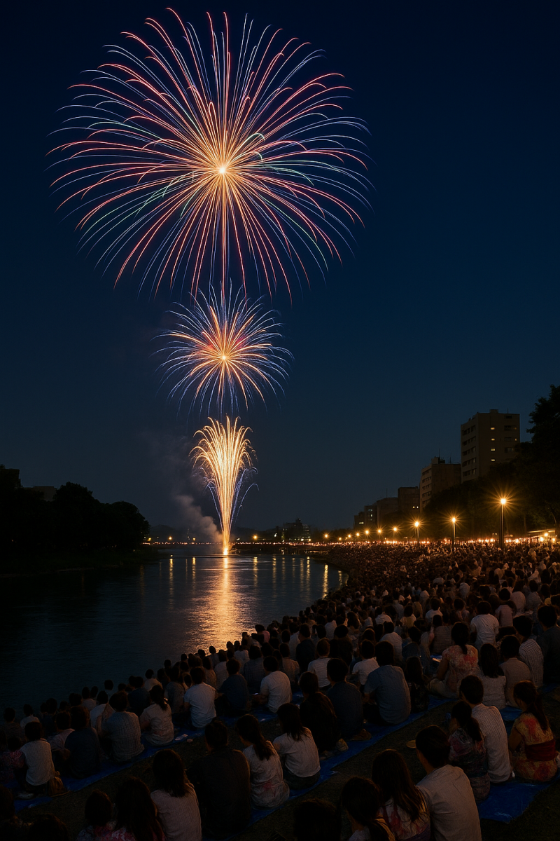 Summer fireworks festival over a river in Japan