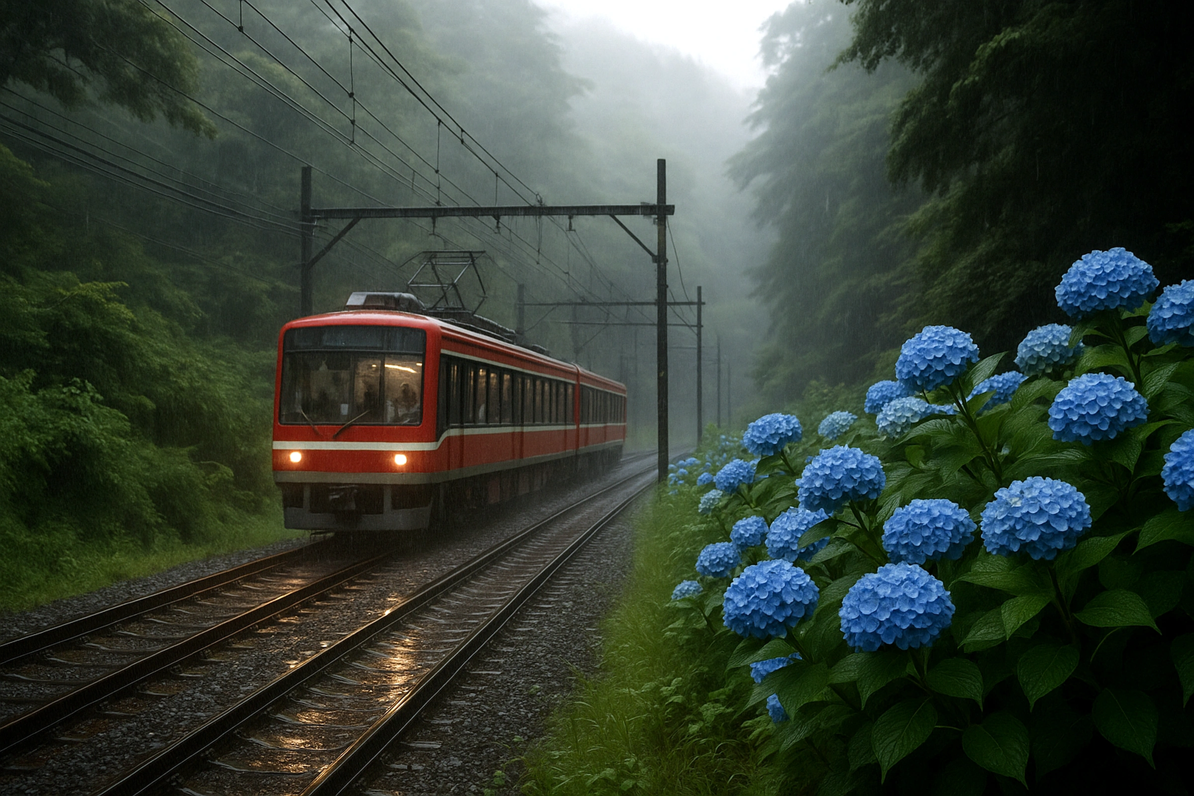 Hakone mountain railway in rainy season
