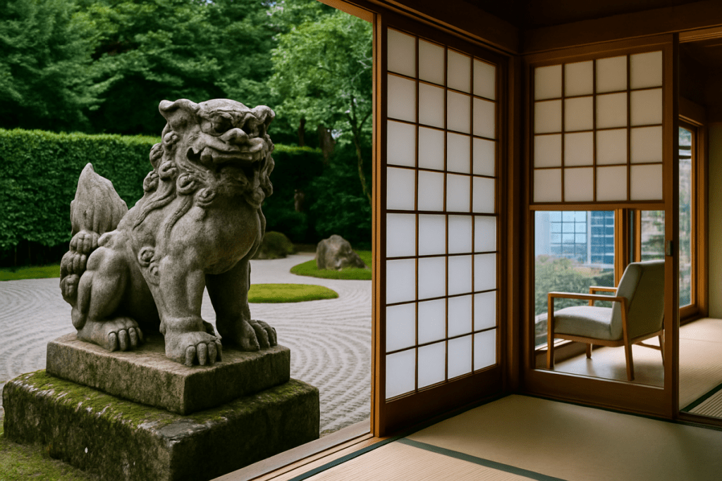 Traditional Japanese house and garden with stone guardian lion symbolizing harmony and wa