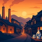 Arita & Imari cultural itinerary — traditional climbing kilns and brick chimneys on a wooded slope, kilns glowing at dusk, and porcelain bowls painted in indigo, red and gold