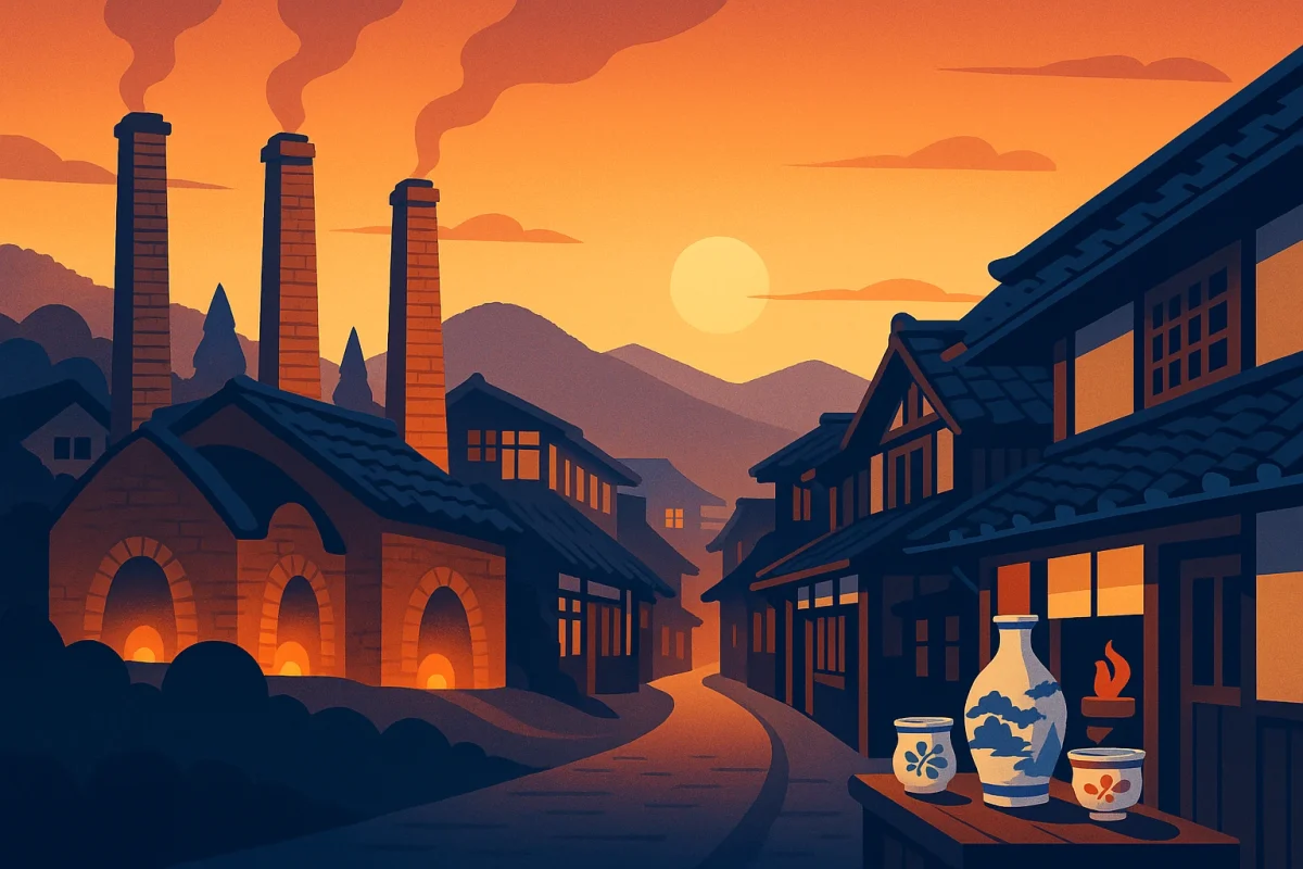 Arita & Imari cultural itinerary — traditional climbing kilns and brick chimneys on a wooded slope, kilns glowing at dusk, and porcelain bowls painted in indigo, red and gold