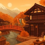 Hida Takayama Cultural Itinerary — Sanmachi-suji old town at sunset with the red arched bridge (Nakabashi), clear canal, lattice-front machiya, a cedar sake ball and market bowls