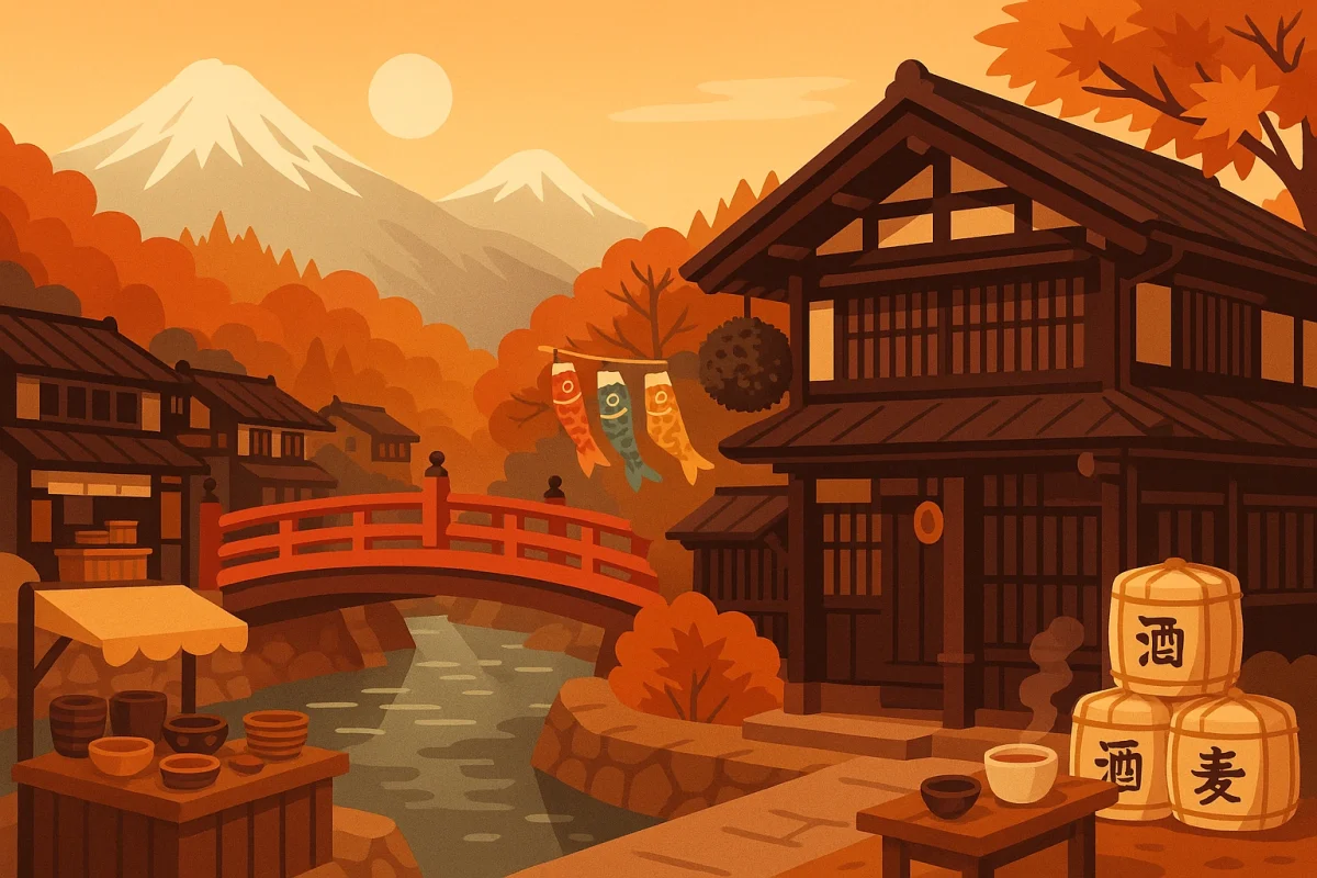 Hida Takayama Cultural Itinerary — Sanmachi-suji old town at sunset with the red arched bridge (Nakabashi), clear canal, lattice-front machiya, a cedar sake ball and market bowls