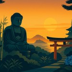 Kamakura & Kita-Kamakura cultural itinerary — Great Buddha, bamboo grove and torii path at sunset with temple rooftops and the sea