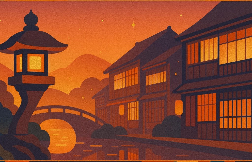 Kanazawa cultural itinerary &mdash; Kenrokuen stone lantern with Higashi Chaya teahouses at dusk, with a hint of gold-leaf craft