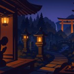 Koyasan & Kumano cultural itinerary — monk in shukubō at dawn with lantern-lit stone path, forested mountains, a bridge and a glowing torii