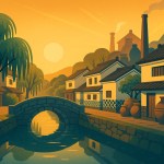 Kurashiki & Bizen cultural itinerary — willow-lined canal, white kura storehouses and stone bridge, with Bizen pottery jars and kilns in warm evening light