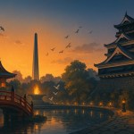 Kyushu cultural itinerary hero: Dazaifu bridge, Nagasaki Peace Park memorial with eternal flame, and Kumamoto Castle at dusk