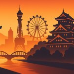 Flat illustration of Osaka at sunset with Osaka Castle, Tsutenkaku, a ferris wheel, and river bridges.