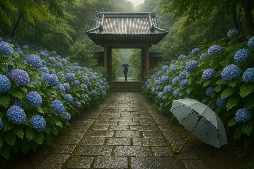 Stone path lined with blue hydrangeas leading to a wooden temple gate on a rainy day in Japan