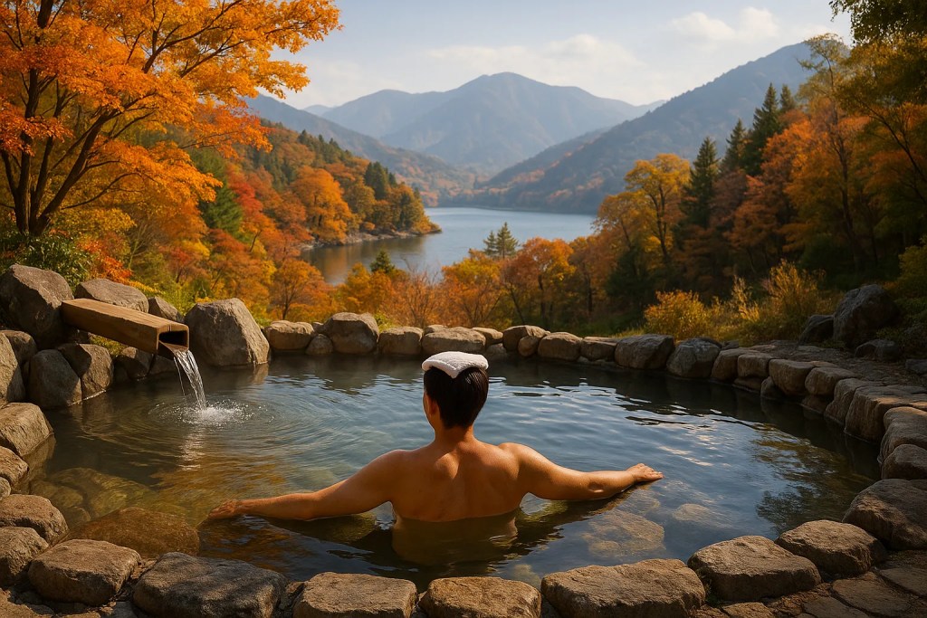 Outdoor hot spring bath with a person soaking and looking over a lake and autumn mountains, surrounded by colourful red and orange trees.