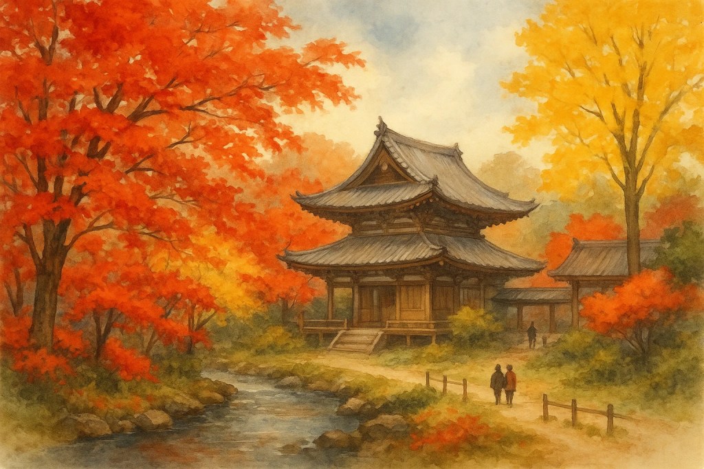 Watercolor-style illustration of beautiful quaint autumn leaves in Japan (koyo), with a traditional wooden bridge, temples and tiled rooftops surrounded by vivid red and golden maple trees under a soft evening sky.