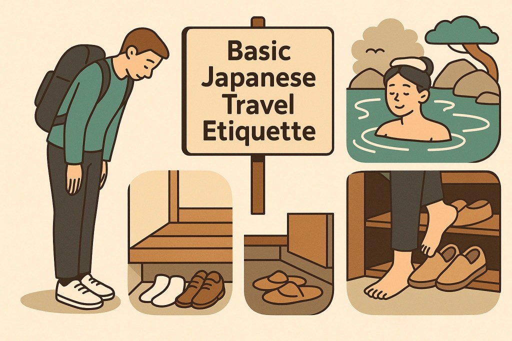Illustration showing basic Japanese etiquette in daily situations, including bowing, removing shoes, and polite behavior on trains and at temples.