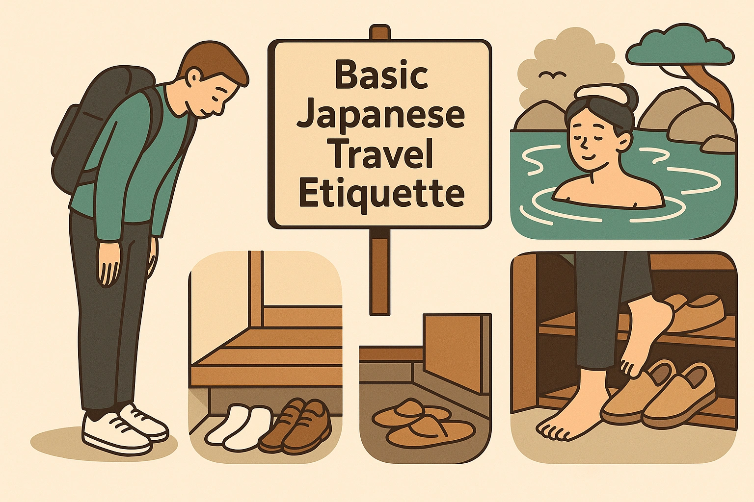 Illustration showing basic Japanese etiquette in daily situations, including bowing, removing shoes, and polite behavior on trains and at temples.