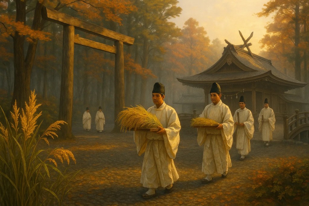 Night view of Ise Jingu&rsquo;s main shrine buildings lit by lanterns, with priests and visitors walking along a stone path during the Kanname-sai new rice offering festival.
