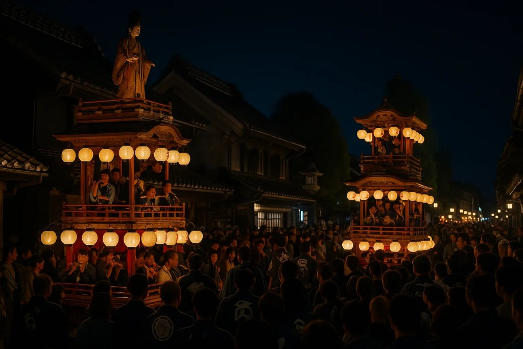 Night scene of a Japanese festival float covered in lanterns being pulled through a narrow street crowded with people, suggesting the Kawagoe Festival atmosphere.