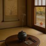Incense burner and tools for kodo on a low wooden table in a tatami room, with a hanging scroll and autumn leaves outside the shoji window.