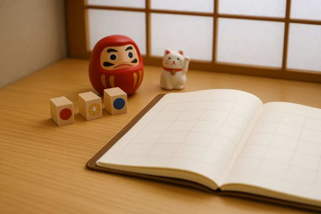 Japanese desk with an open blank monthly planner, three colored wooden blocks, a red Daruma doll, and a white Maneki-neko in front of a shoji screen, suggesting a rokuyou-style calendar without any text.