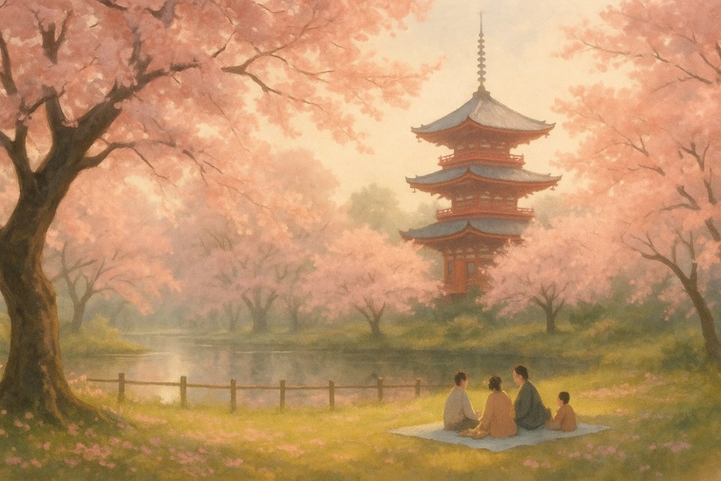 Soft watercolor-style illustration of cherry blossom in Japan along a quiet river, with a small bridge and spring mist in the background.