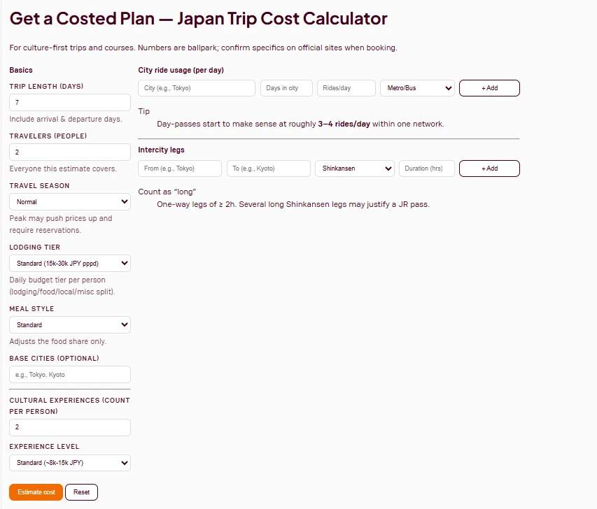 Japan Trip Cost Calculator form showing trip length, travelers, season, lodging tier, transport legs, and estimate buttons.