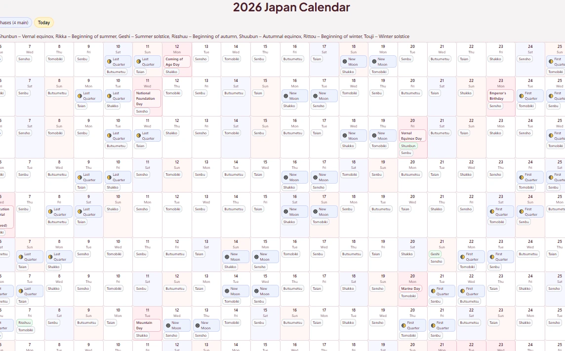 2026 Japan Calendar year-at-a-glance grid showing holidays, seasonal terms, rokuyo, and moon phases.