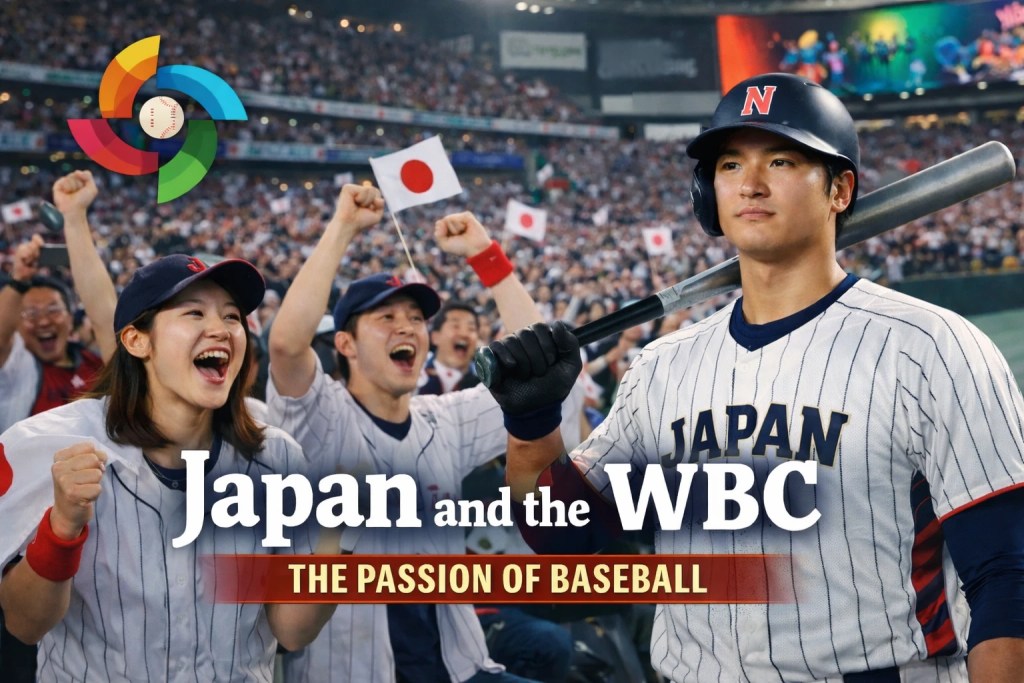 Japanese fans cheering with flags during a World Baseball Classic game, capturing the excitement and culture of baseball in Japan