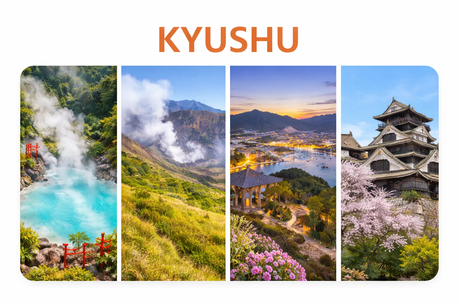 Kyushu Japan travel guide thumbnail featuring Beppu hot springs steam, Mount Aso volcano landscape, Nagasaki harbor view, and Kumamoto Castle with cherry blossoms