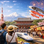 Golden Week in Japan with cherry blossoms, Mount Fuji, Tokyo Tower, koinobori, fireworks, and crowds enjoying spring festival atmosphere