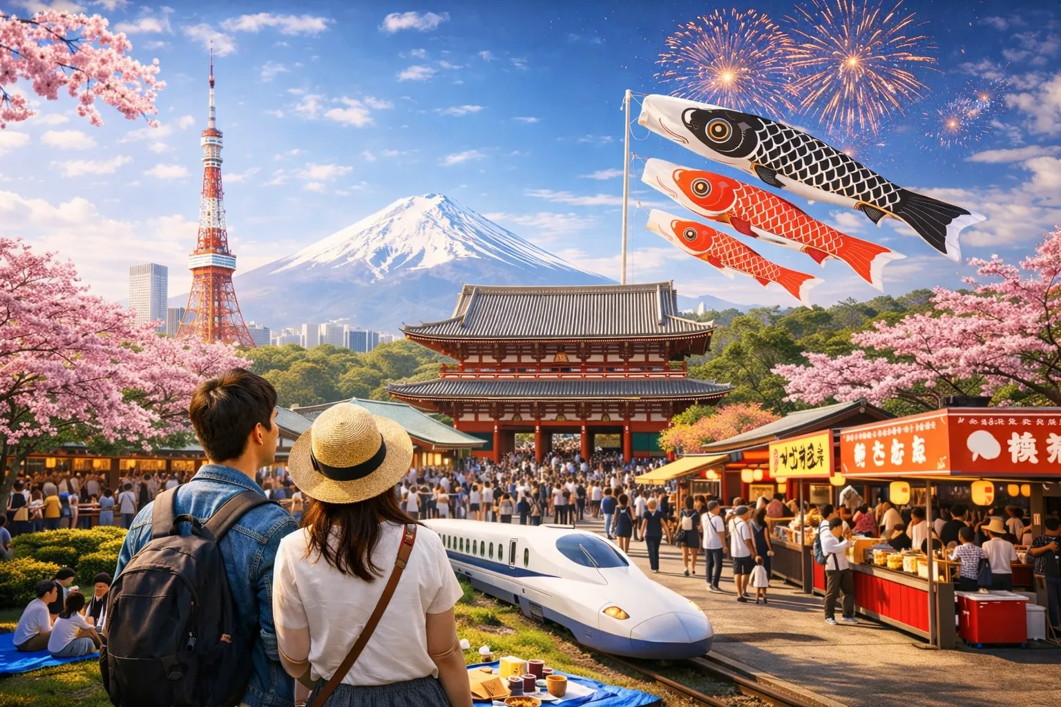Golden Week in Japan with cherry blossoms, Mount Fuji, Tokyo Tower, koinobori, fireworks, and crowds enjoying spring festival atmosphere
