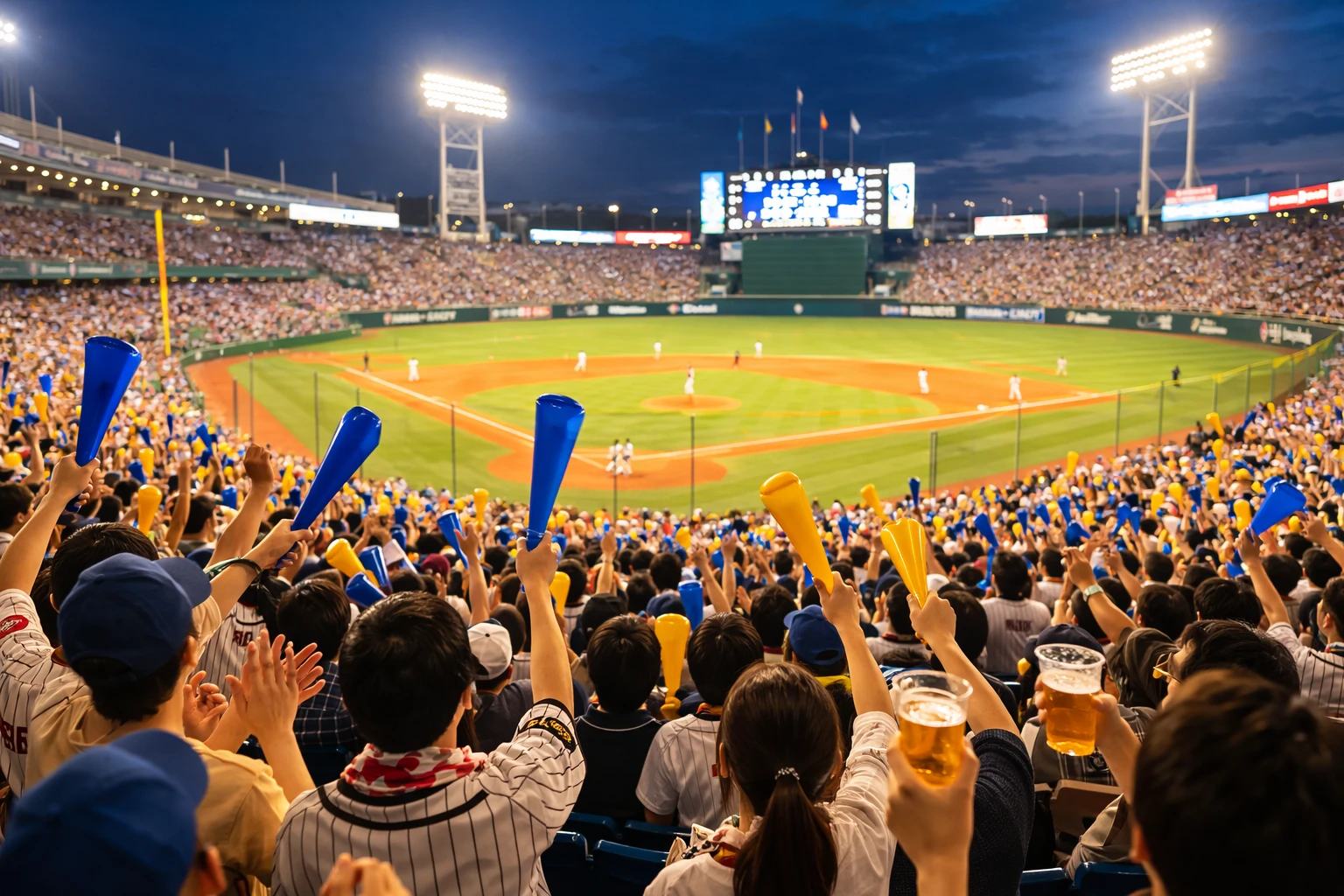 Crowd cheering at a Japanese baseball stadium during an NPB game