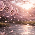 Falling sakura petals drifting through warm spring light over a river, with cherry blossoms in soft focus and a softly blurred background.