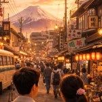 Showa era street in Japan with retro shops and people walking at sunset