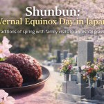 Shunbun Japan Vernal Equinox Day with ohagi sweets, cherry blossoms, and ancestral graves during the spring Higan season