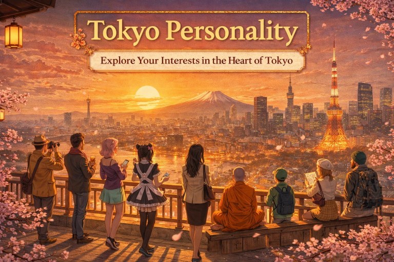 Tokyo Personality themed illustration showing diverse travelers and locals overlooking the Tokyo skyline with Mount Fuji at sunset, expressing different cultural interests and travel styles in Japan.