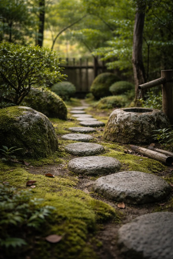 wabi sabi japanese garden with moss, stone path, and natural imperfect beauty